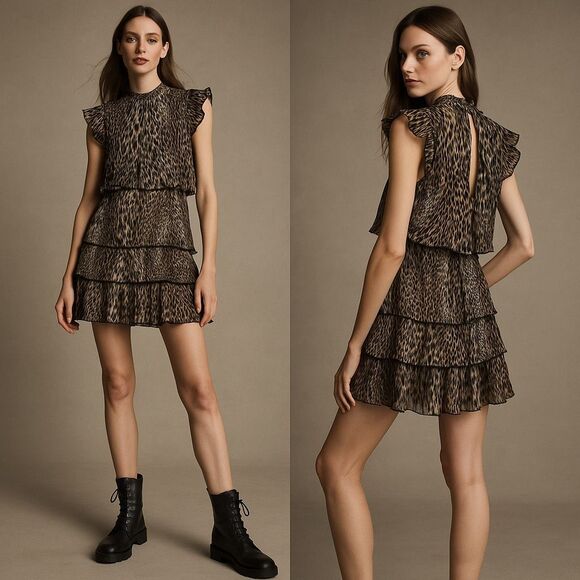 AllSaints Antheia Kiku Plissé Leopard Print Dress US10 Tiered Ruffle Rocker Chic - Picture 1 of 14
